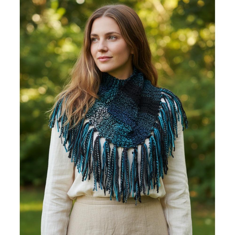 NEW Hand Knitted Cowl Scarf Black Aqua Mosaic Boho Indie Artsy Glam Festival Mod